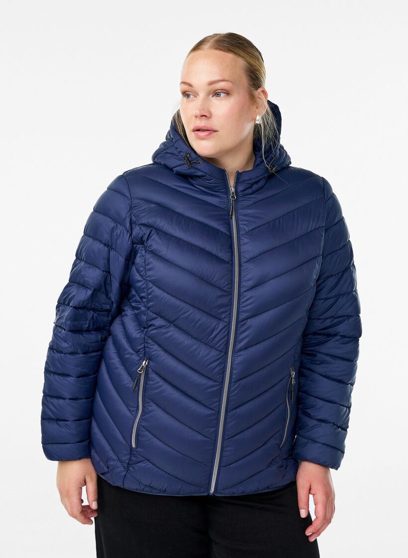 Gewatteerd lichtgewicht jack met capuchon, Blauw, Model image number 0