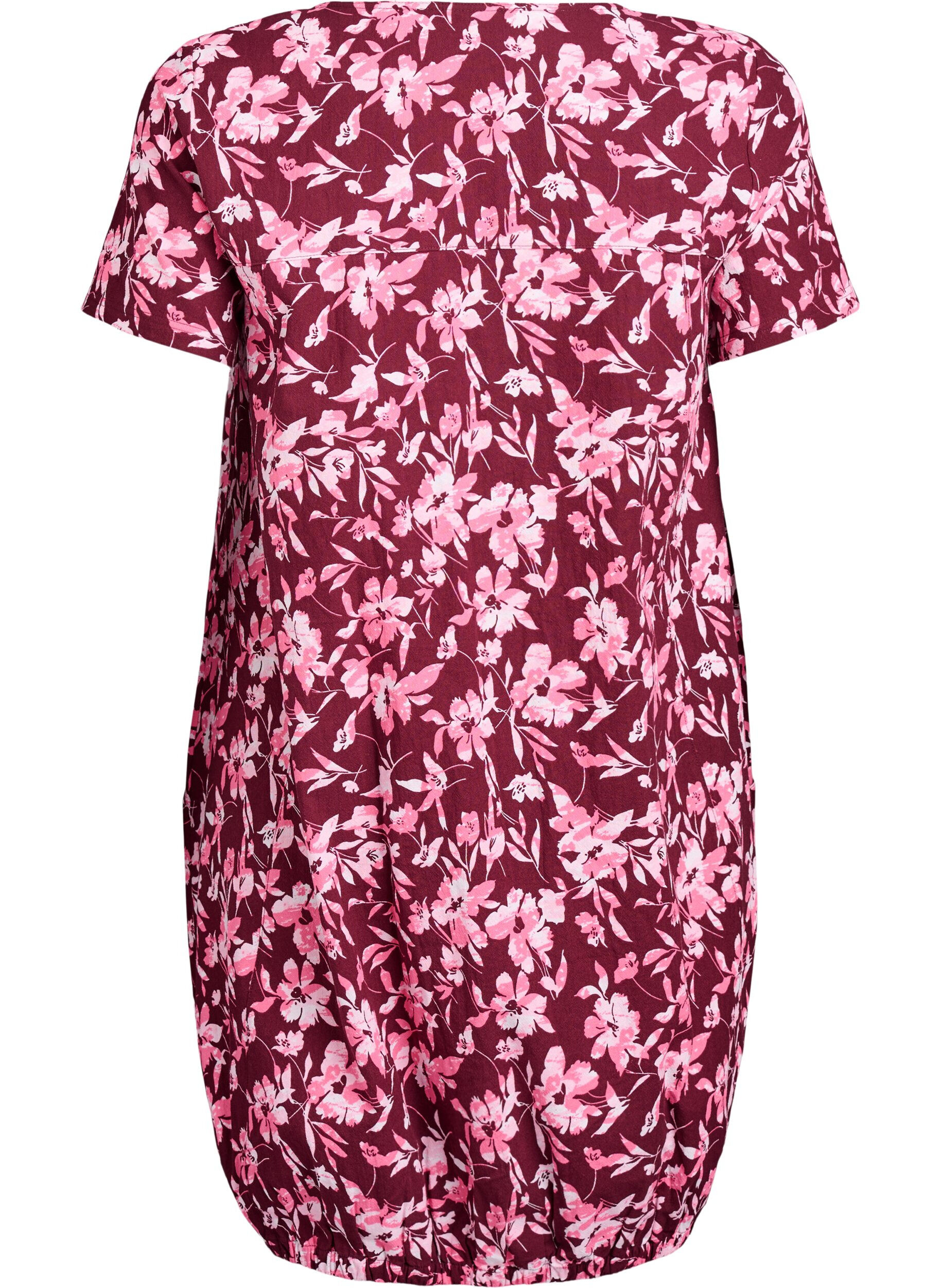 ZizziKatoenen jurk met korte mouwen en print, Donker Bordeaux, Packshot image number 1