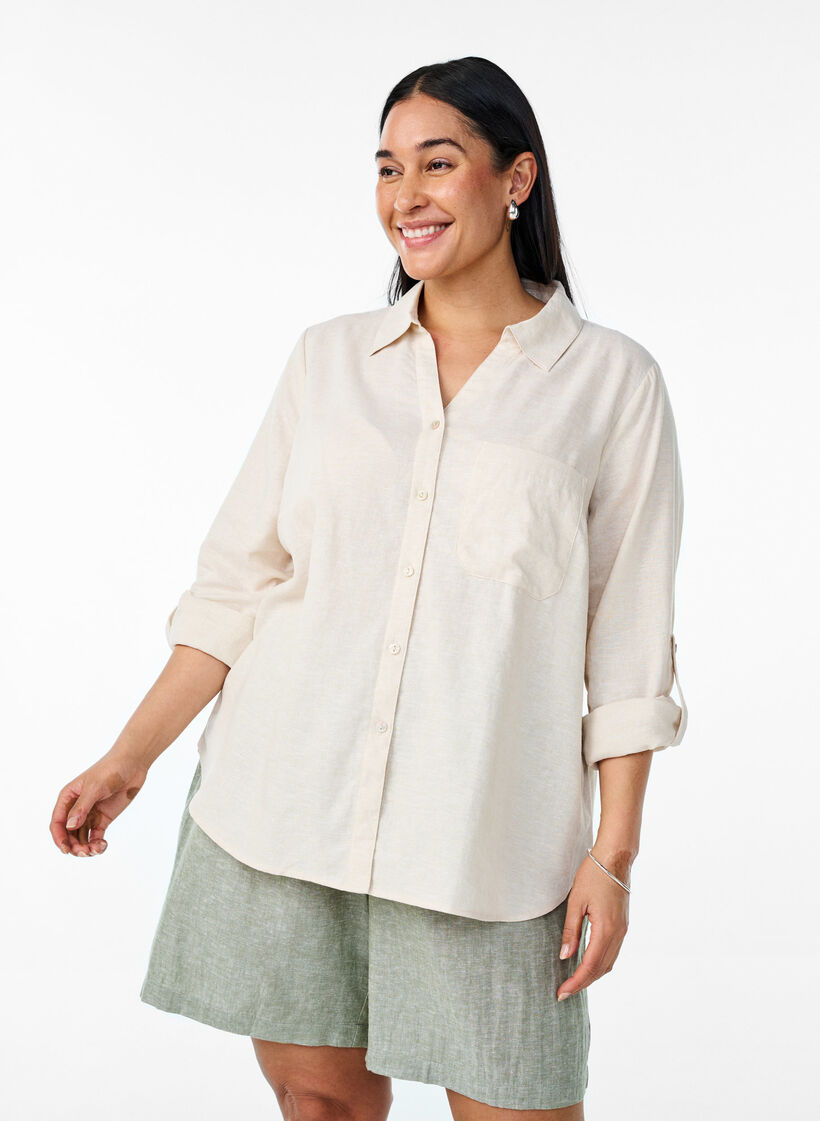 Linnen en viscose shirt met 3/4 mouwen, Beige, Model image number 0
