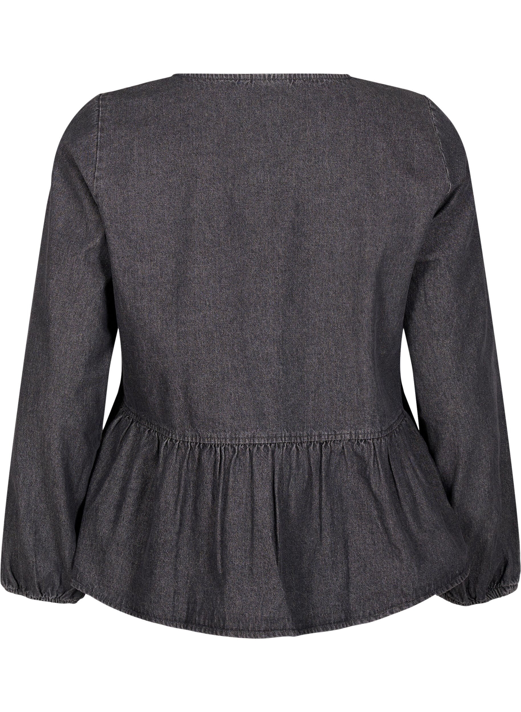 Zizzi Peplum blouse van denim met striksluiting, Grijs, Packshot image number 1