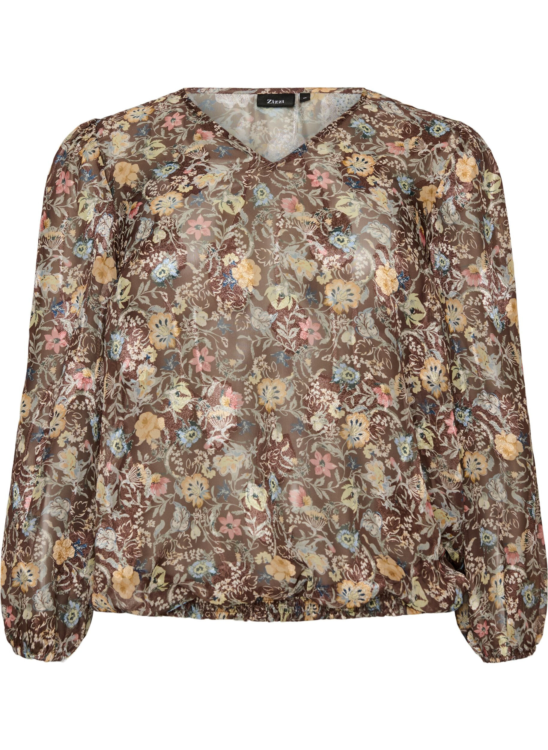 ZizziBlouse met bloemenprint en ballonnenmouwen, Bruin, Packshot image number 0