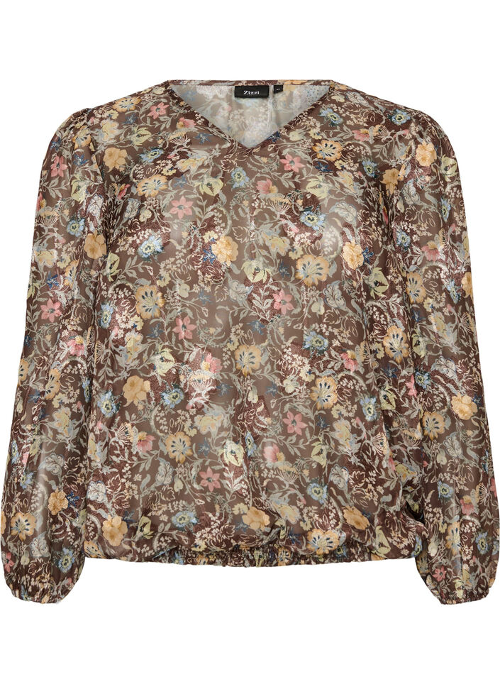 Blouse met bloemenprint en ballonnenmouwen, Bruin, Packshot image number 0