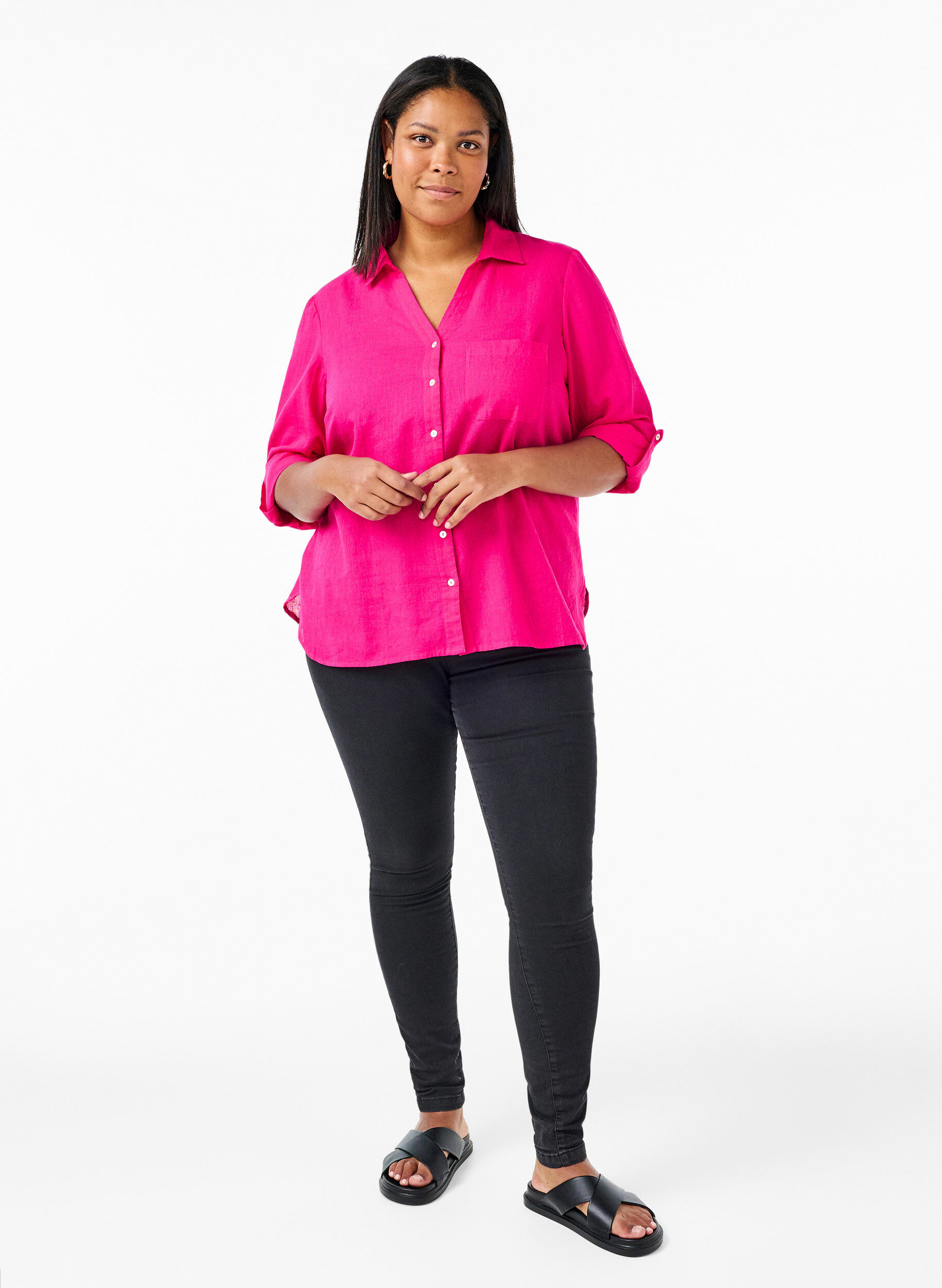 Zizzi Overhemdblouse met knoopsluiting van katoen-linnenmix, Bright Rose, Model image number 2
