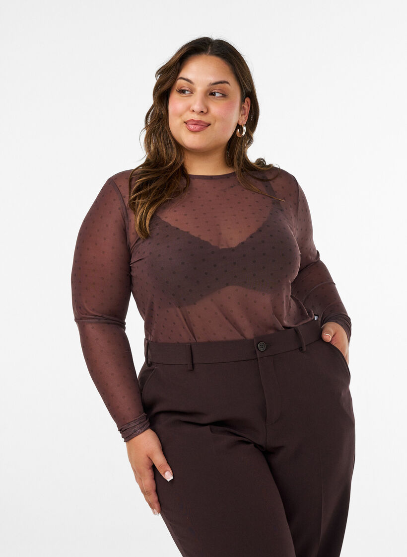 Mesh blouse met print, Bruin, Model image number 0