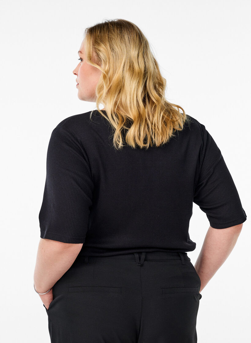Geribde jersey blouse met korte mouwen, Zwart, Model image number 2