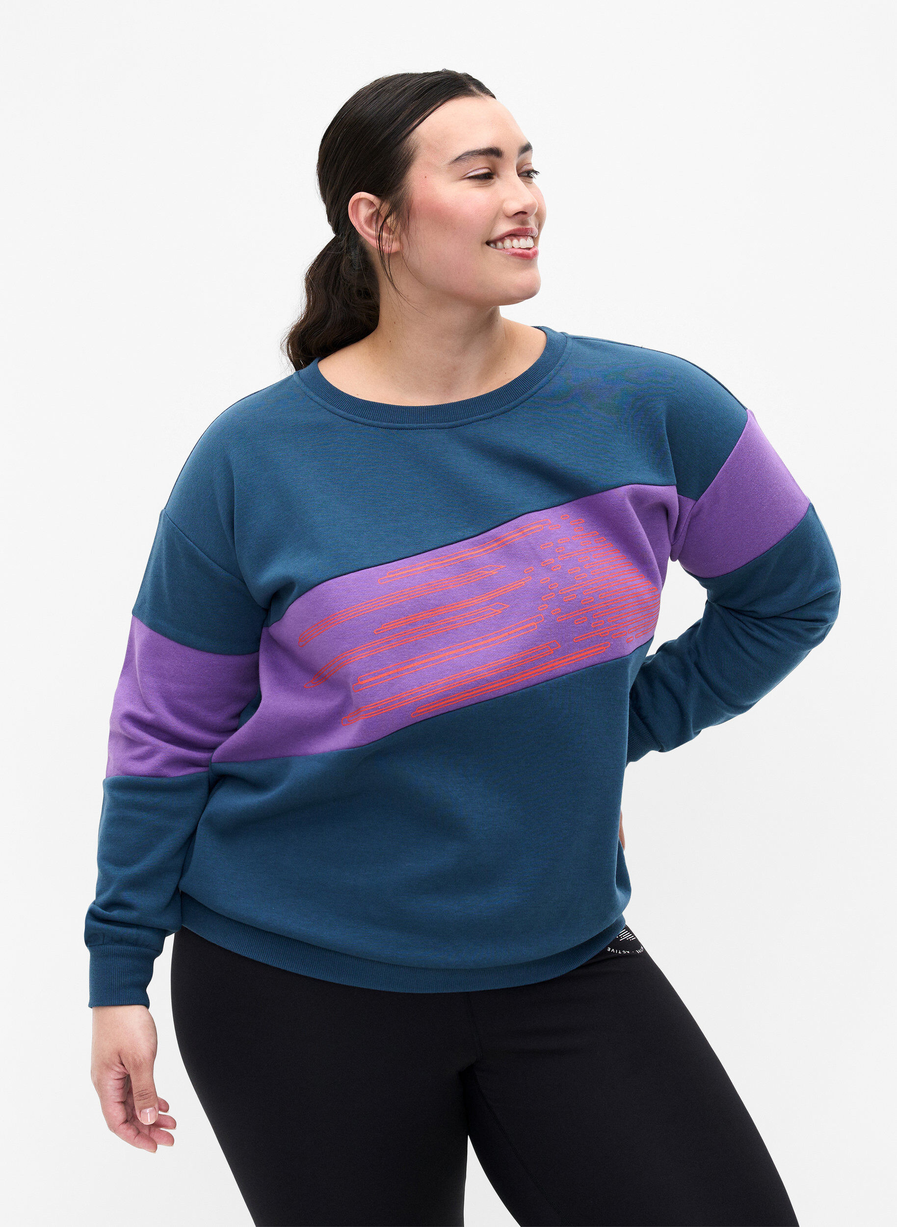 Zizzi Sweatshirt met sportieve print, Blue Wing Teal Comb, Model image number 0