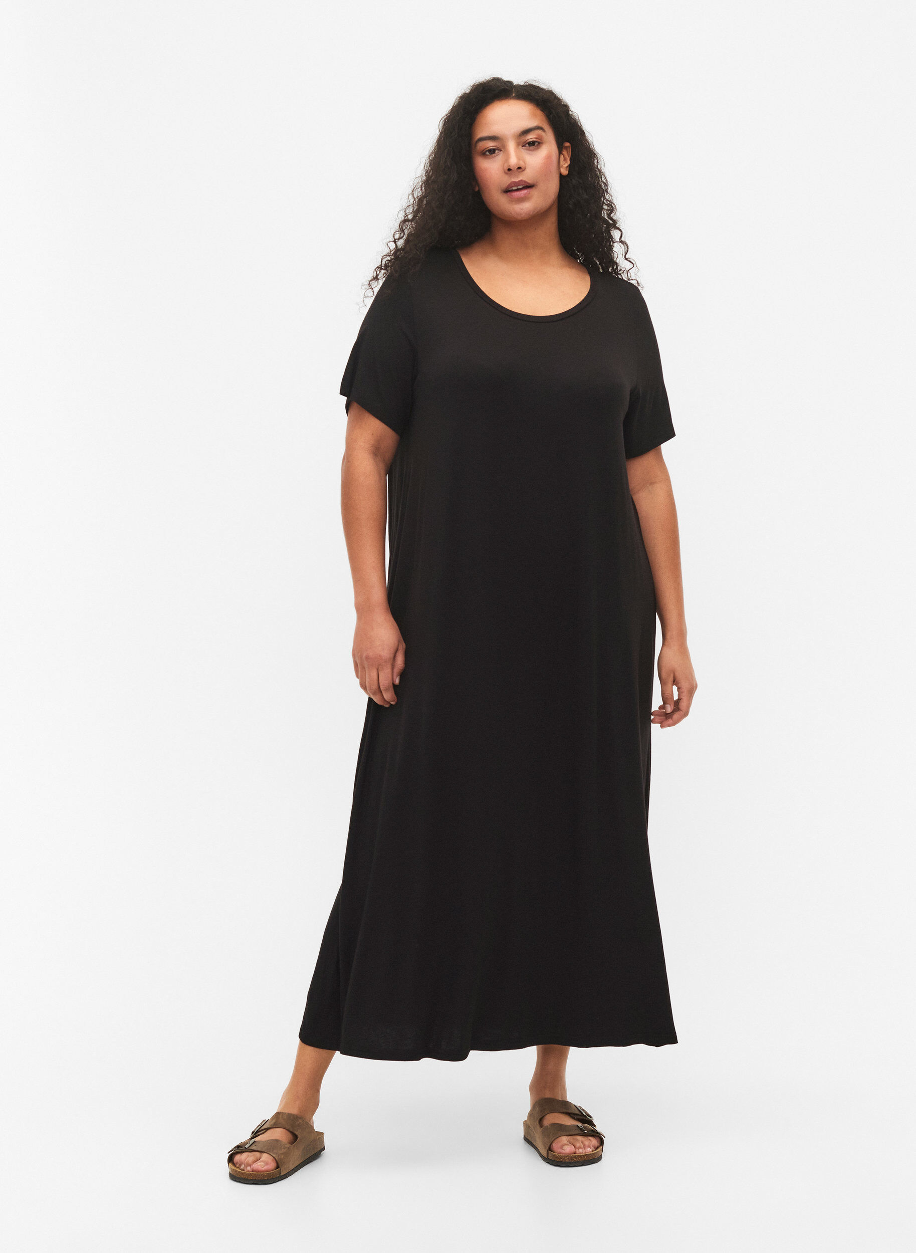 Zizzi Midi-jurk van viscose met korte mouwen, Black, Model image number 0