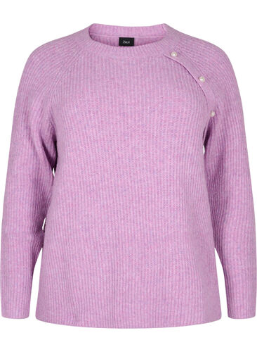 Gemêleerd gebreide trui met parelknopen, Purple Mel., Packshot image number 0