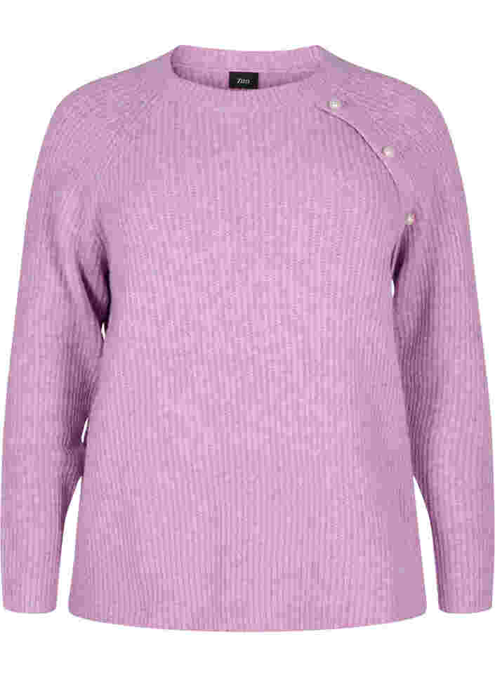 Gemêleerd gebreide trui met parelknopen, Purple Mel., Packshot image number 0