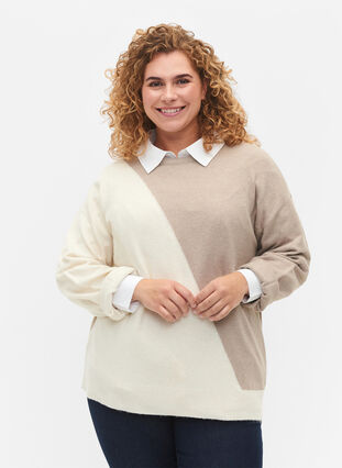 Gebreide blouse met ronde hals en colorblock, Simply Taupe Comb, Model image number 0