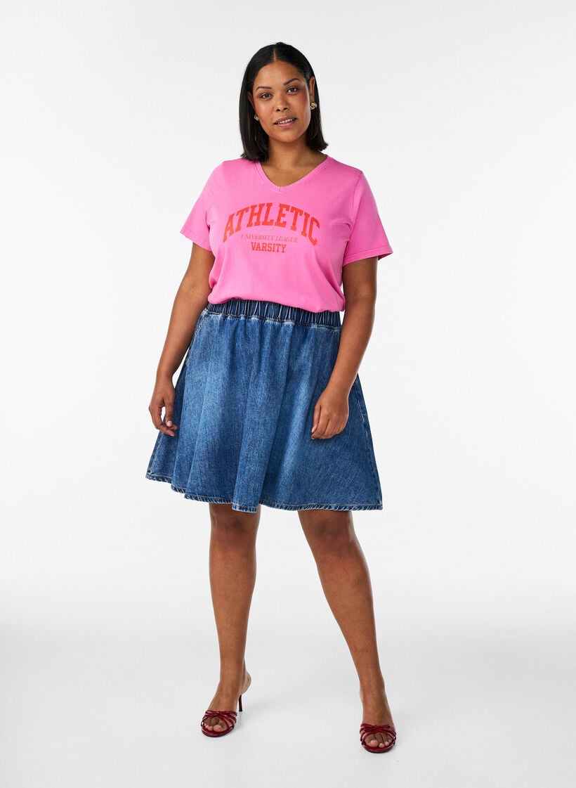 Biologisch katoenen T-shirt met varsity print en V-hals, Roze, Model image number 1