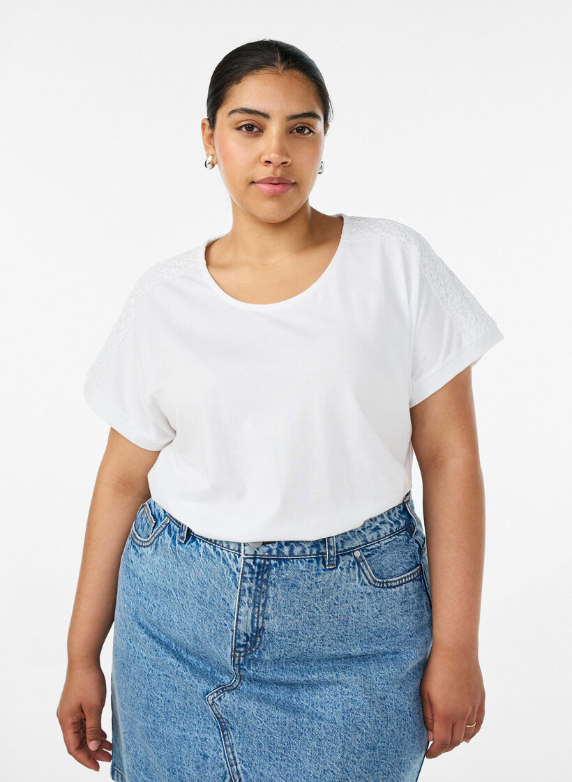 Katoenen T-shirt met haakdetail, Wit, Model image number 0