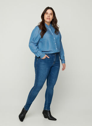 Gestreepte blouse in lyocell, Blue denim, Model image number 3