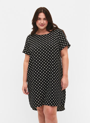 Bedrukte jurk met korte mouwen, Black w. Dots, Model image number 0