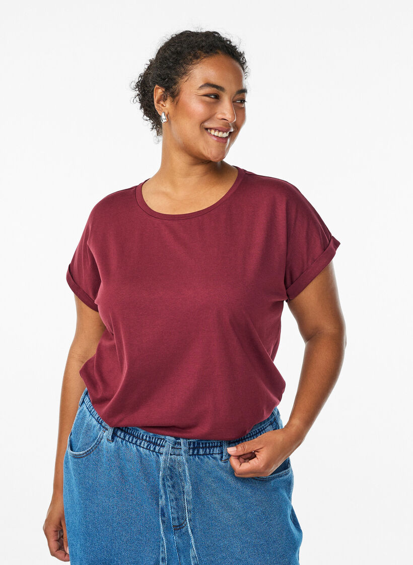 T-shirt met korte mouwen van katoenmix, Donker Bordeaux, Model image number 0