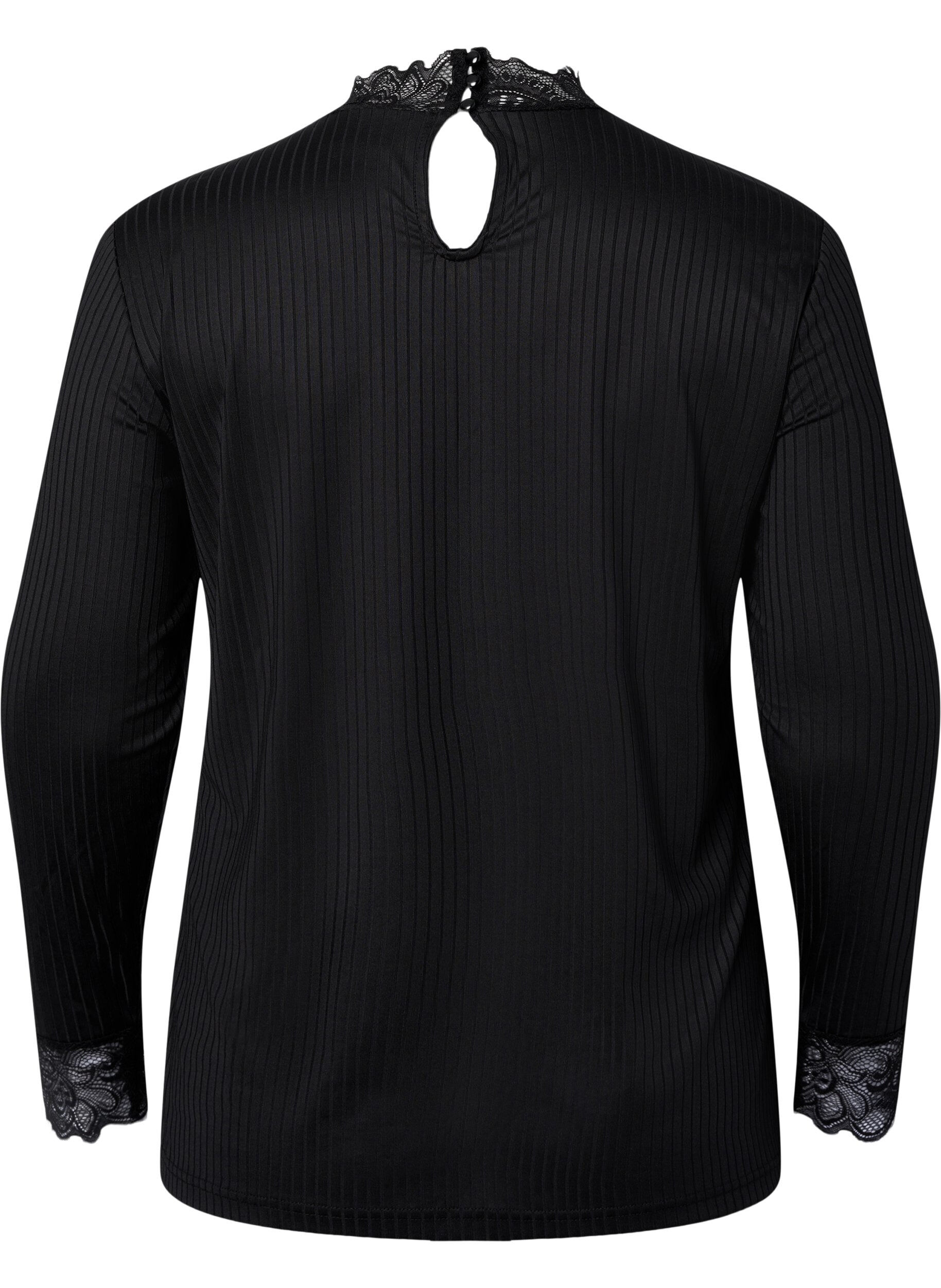 Zizzi Blouse met kant en lange mouwen, Black, Packshot image number 1