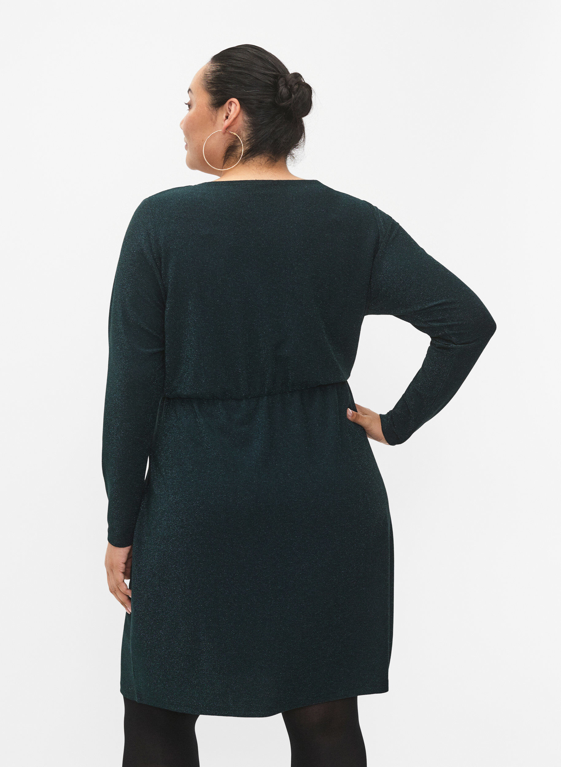 Zizzi Glitterjurk met wikkel look en lange mouwen, Black Scarab, Model image number 1