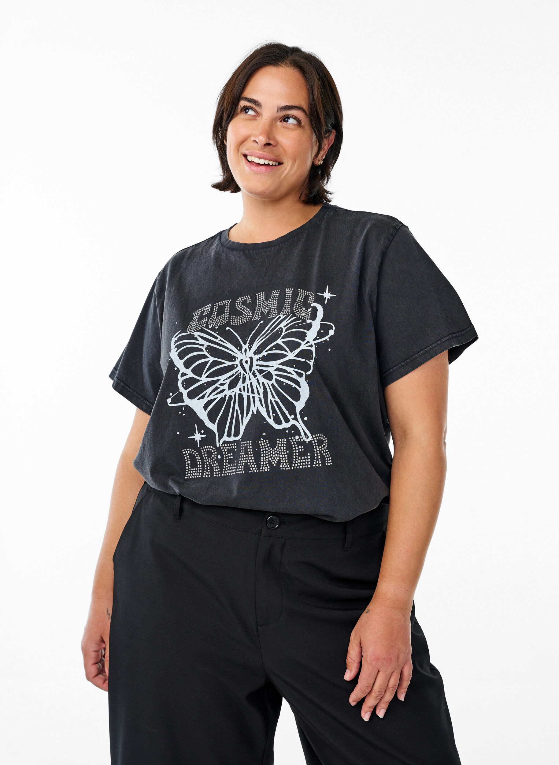 Zizzi Biologisch katoenen T-shirt met strass en vlinder motief, Grijs, Model image number 0