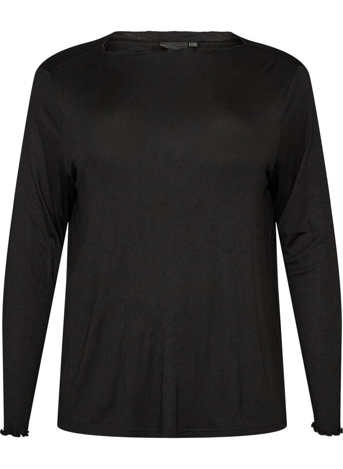 Viscose nachttop met lange mouwen, Zwart, Packshot image number 0