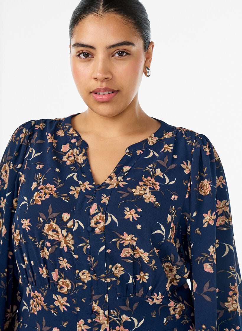 Midi-jurk met smock en decoratieve knopen, Blauw, Model image number 2