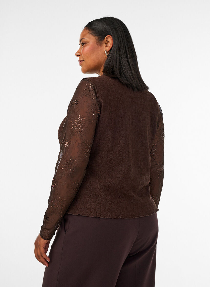 Mesh blouse met bloemen en pailletten, Bruin, Model image number 2