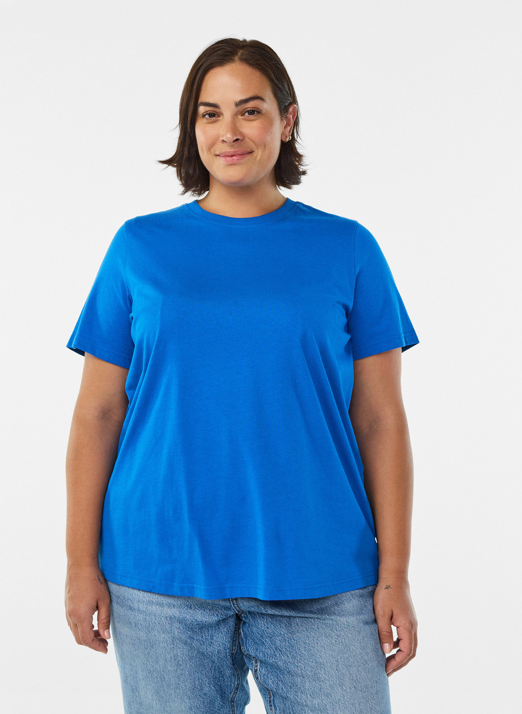 Zizzi Basic katoenen T-shirt met ronde hals, Blauw, Model image number 0