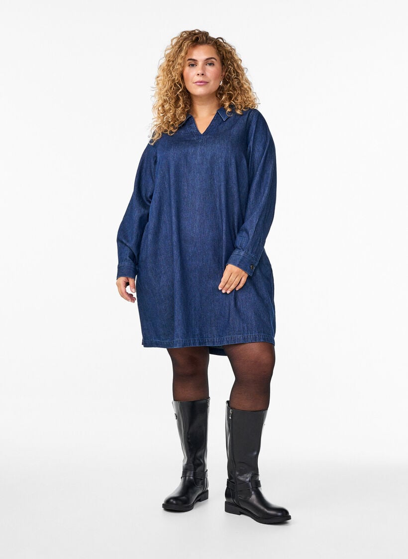 Korte denim jurk met een V-hals en kraag, Blauw, Model image number 1