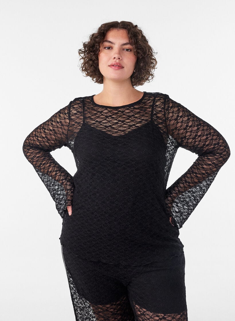 Blouse met lange mouwen van doorschijnend kant, Zwart, Model image number 0