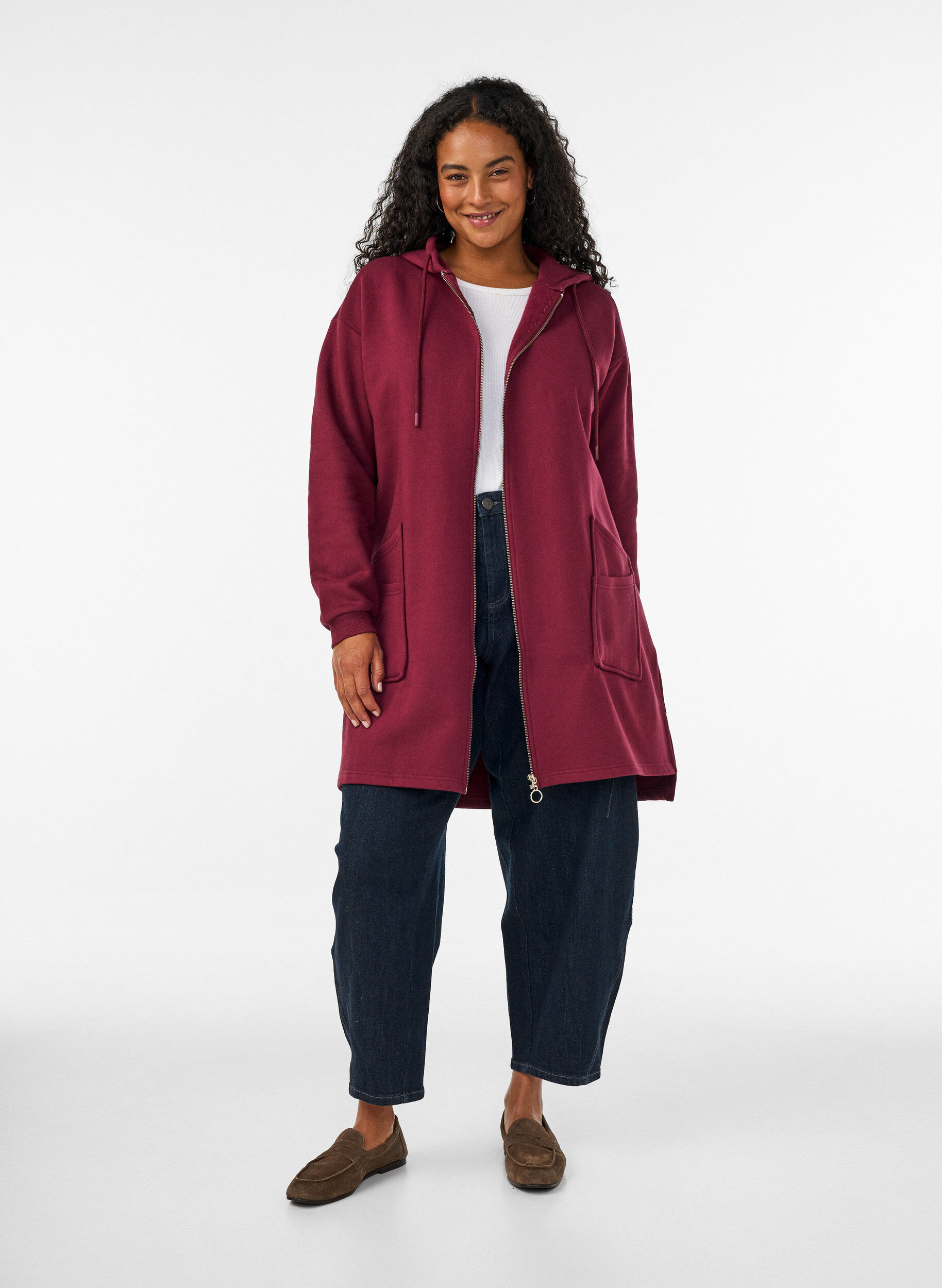 ZizziLang vest met capuchon en ritssluiting, Rood, Model image number 1