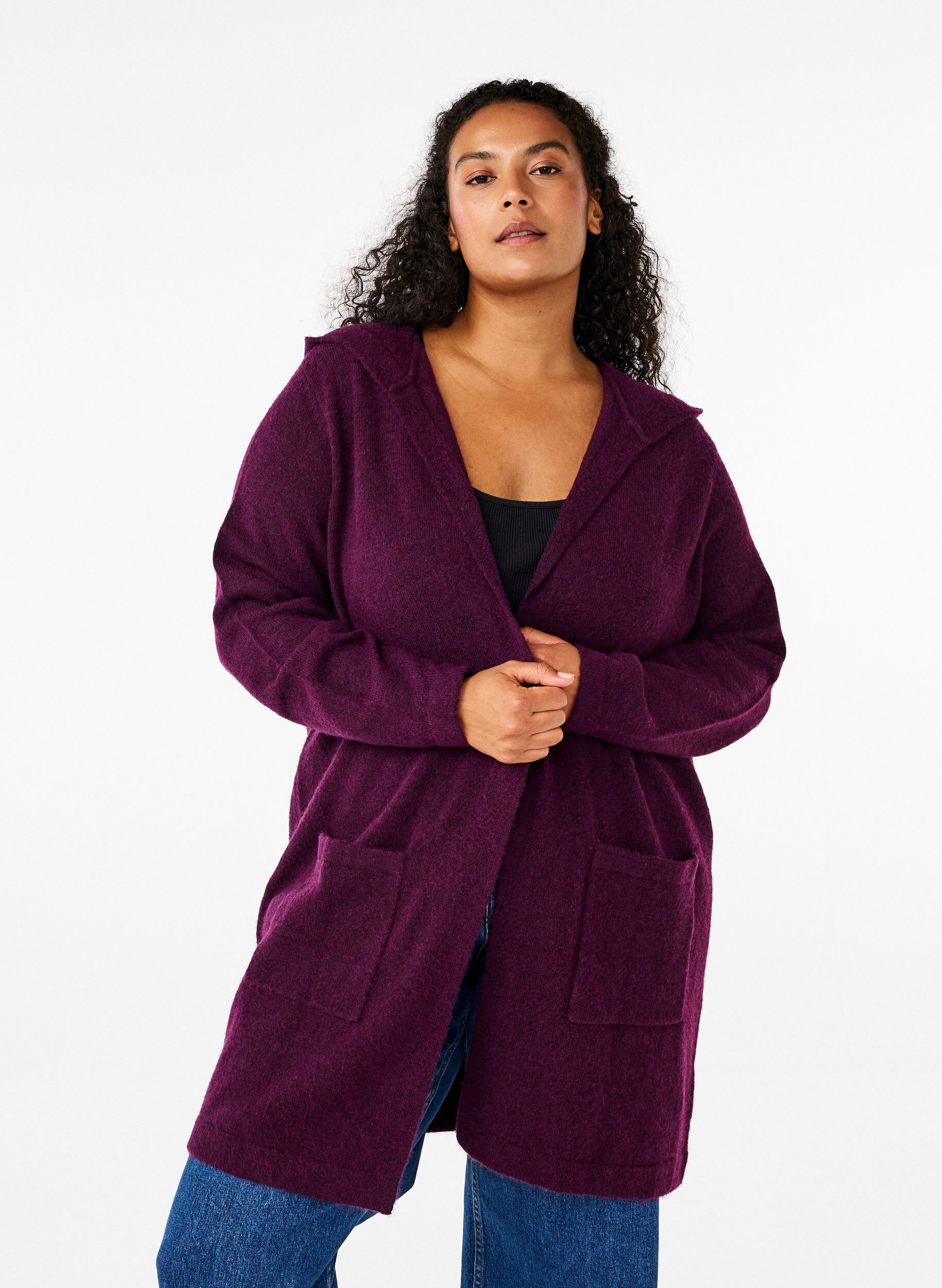Zizzi Lang gebreid vest met wol en capuchon, Potent Purple Mel., Model image number 0