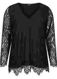 Kanten blouse met lange mouwen en v-hals, Black