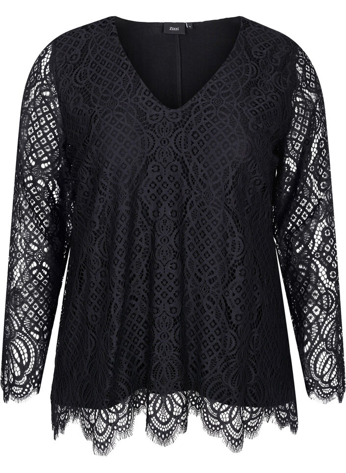 Kanten blouse met lange mouwen en v-hals, Black, Packshot image number 0