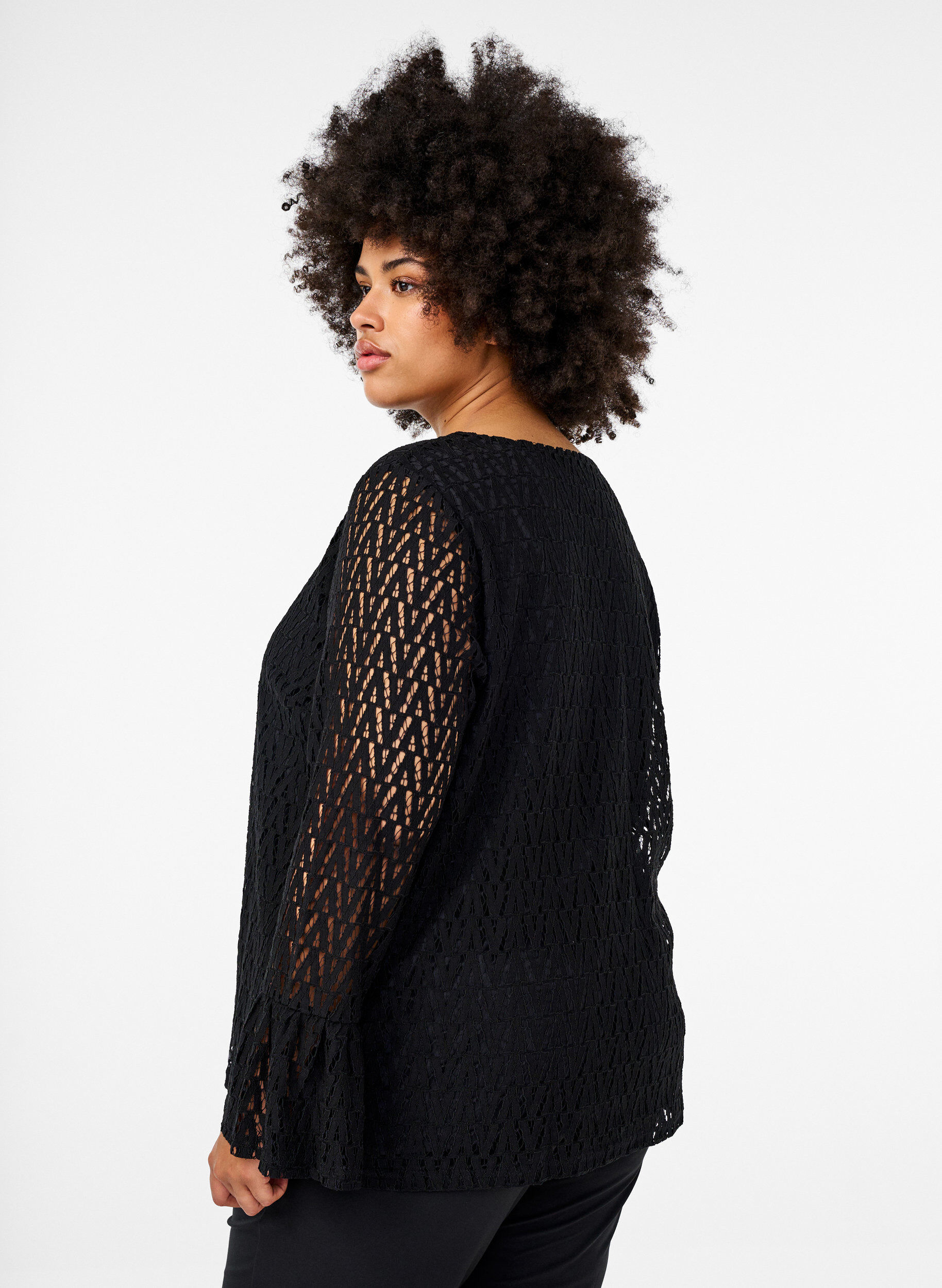 Zizzi Kanten blouse met geruffelde mouwen, Black, Model image number 1