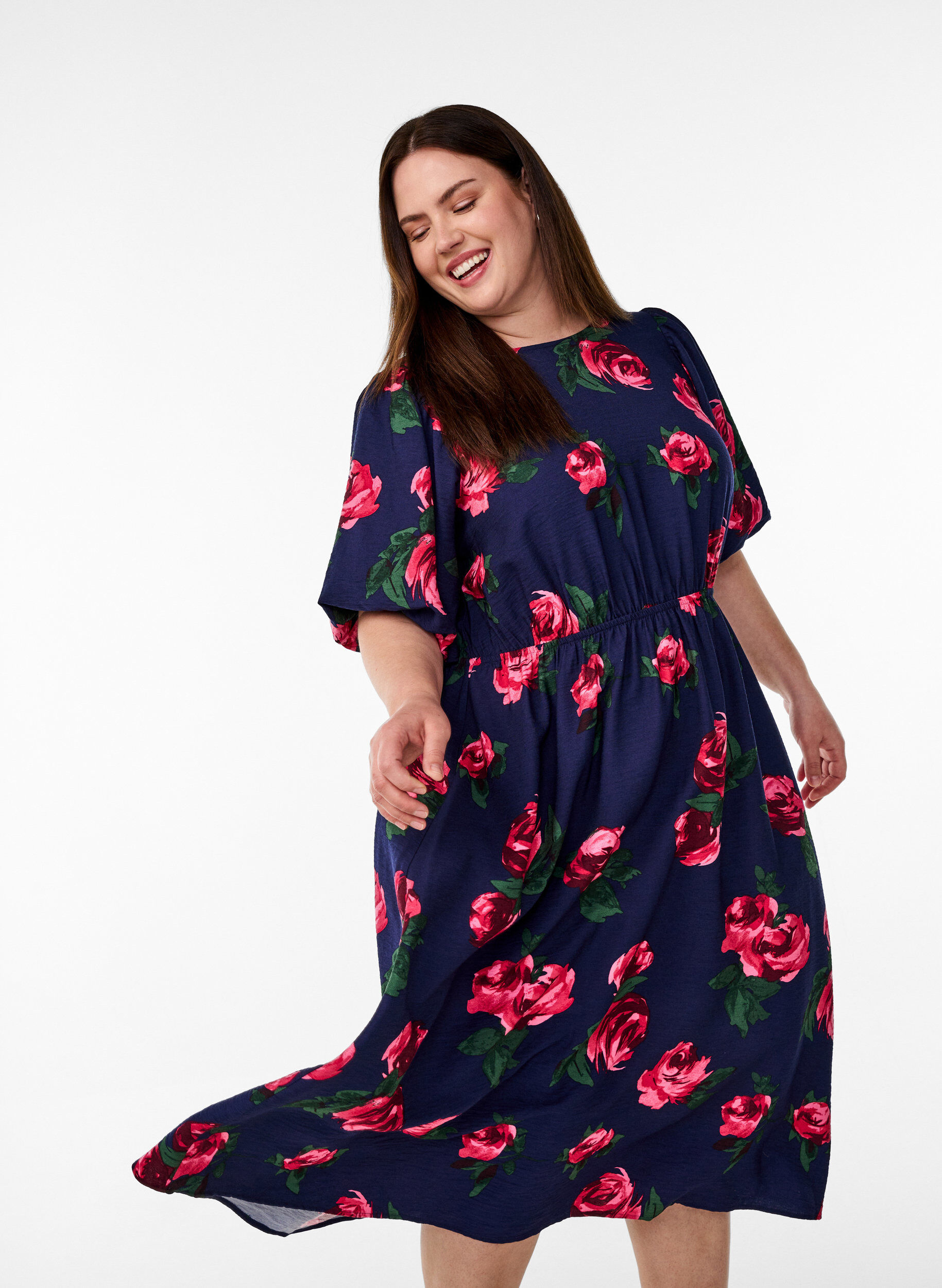 ZizziMidi-jurk met rozenprint en korte ballonmouwen, Blauw, Model image number 3
