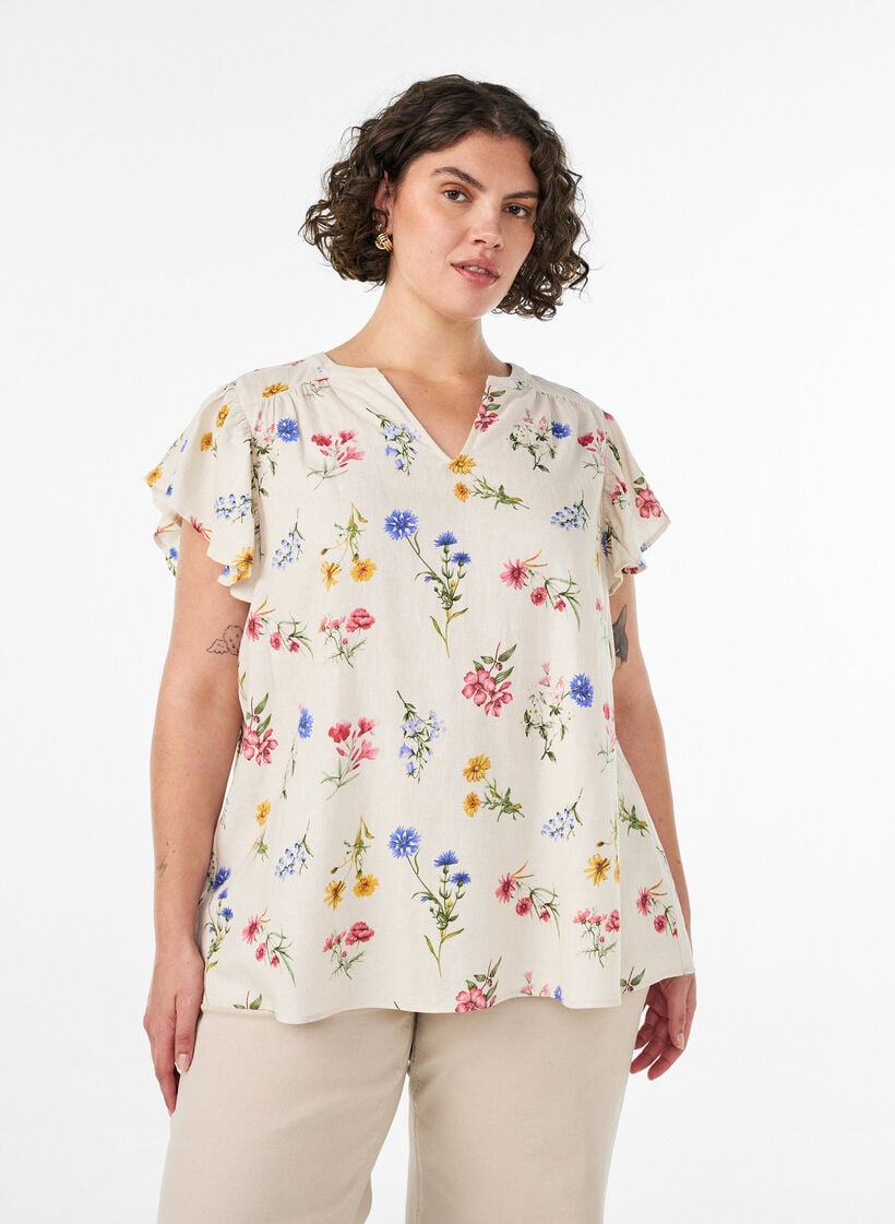 Viscose en linnen blouse met ruches aan de mouwen, Beige, Model image number 0