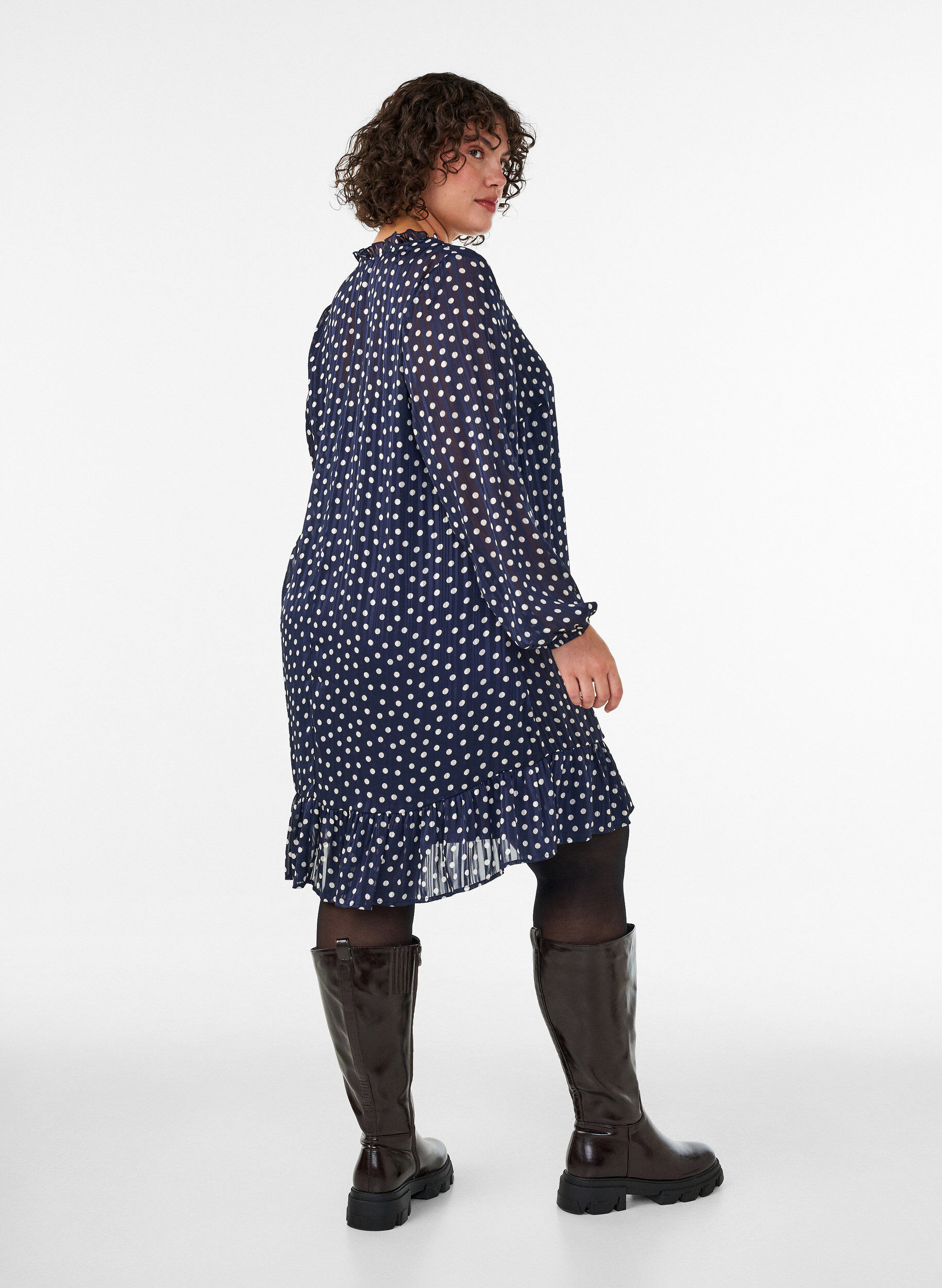 ZizziJurk met patroon, ruches en lange mouwen, Blauw, Model image number 2