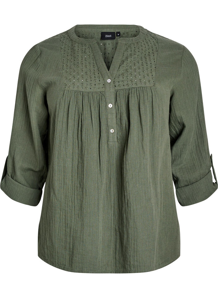 Blouse in katoenen mousseline met broderie anglaise, Groen, Packshot image number 0