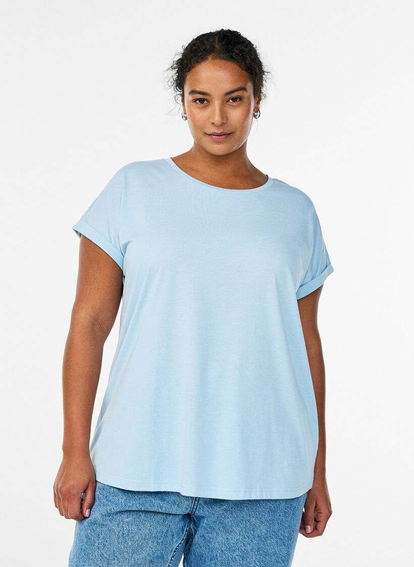 T-shirt met korte mouwen in een katoenmix, Blauw, Model image number 0