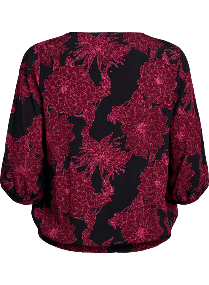Viscose blouse met bloemenprint en smockwerk, Donker Bordeaux, Packshot image number 1