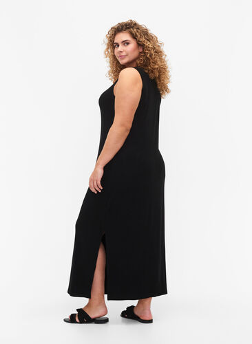 Mouwloze geribde jurk van viscose, Black, Model image number 1