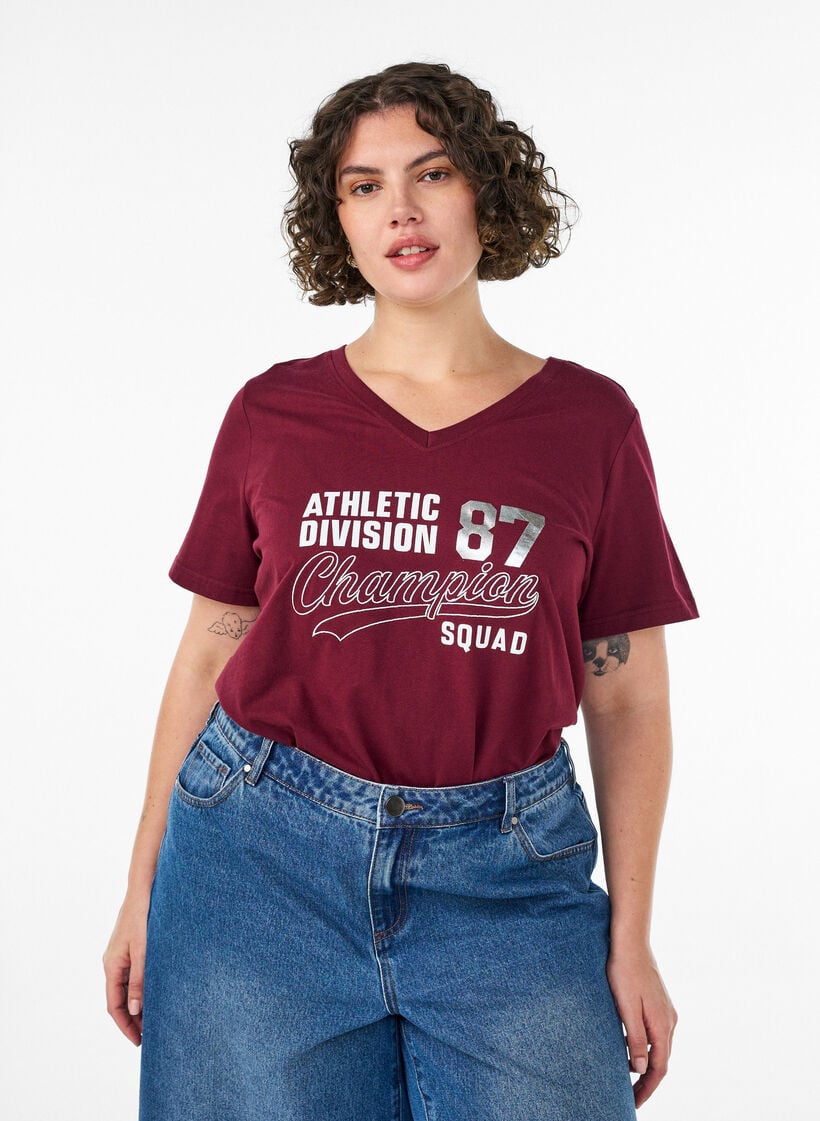 T-shirt van biologisch katoen met sportieve tekstprint, Rood, Model image number 0