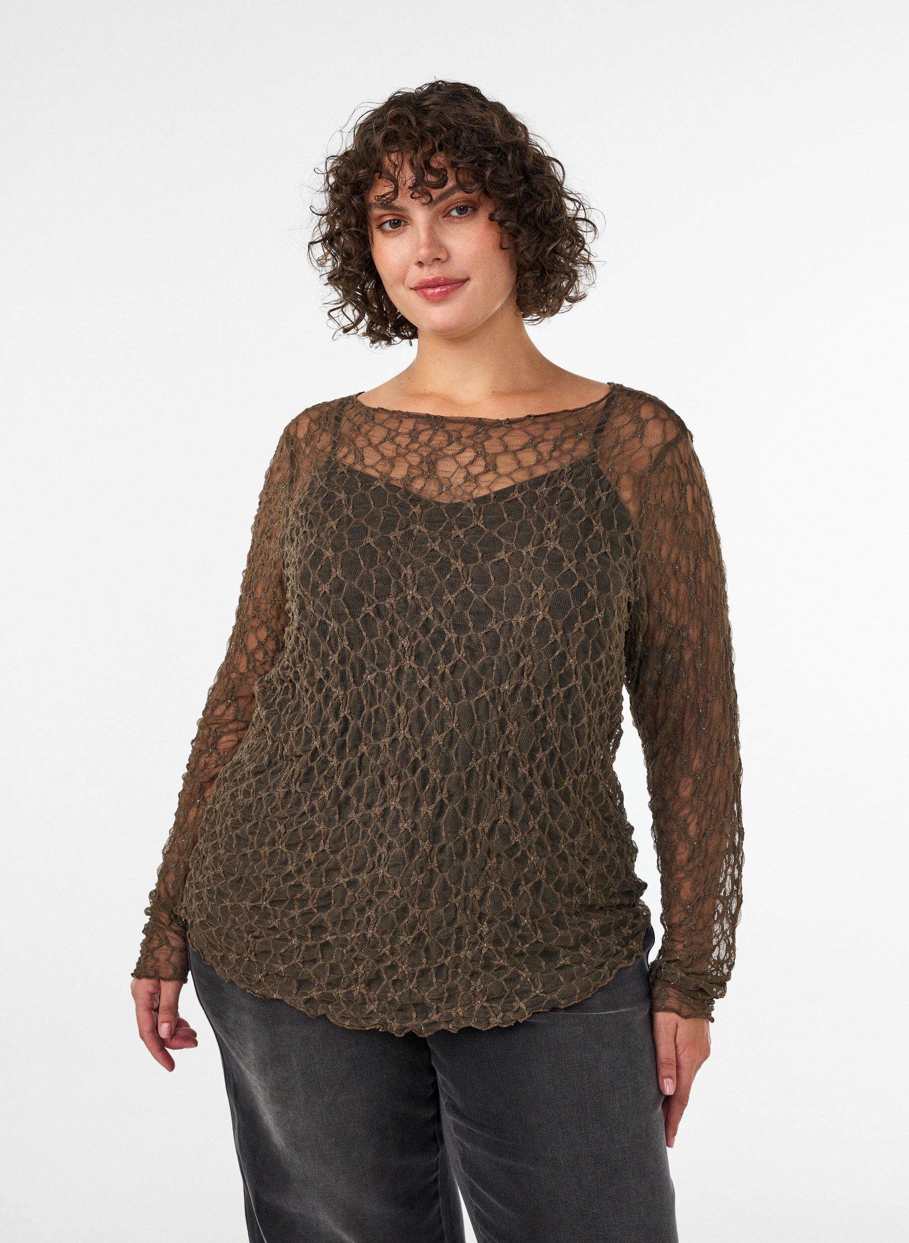 ZizziMesh blouse met patroon en glittergaren, Bruin, Model image number 0