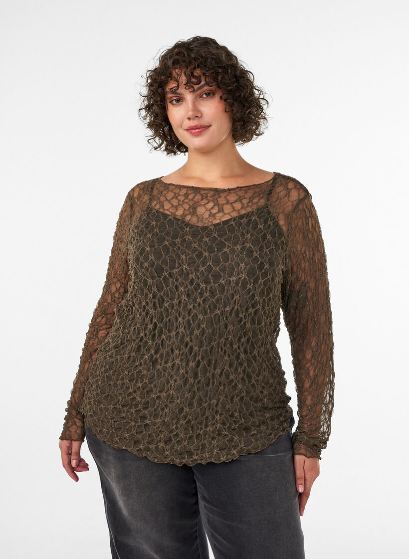 Mesh blouse met patroon en glittergaren, Bruin, Model image number 0