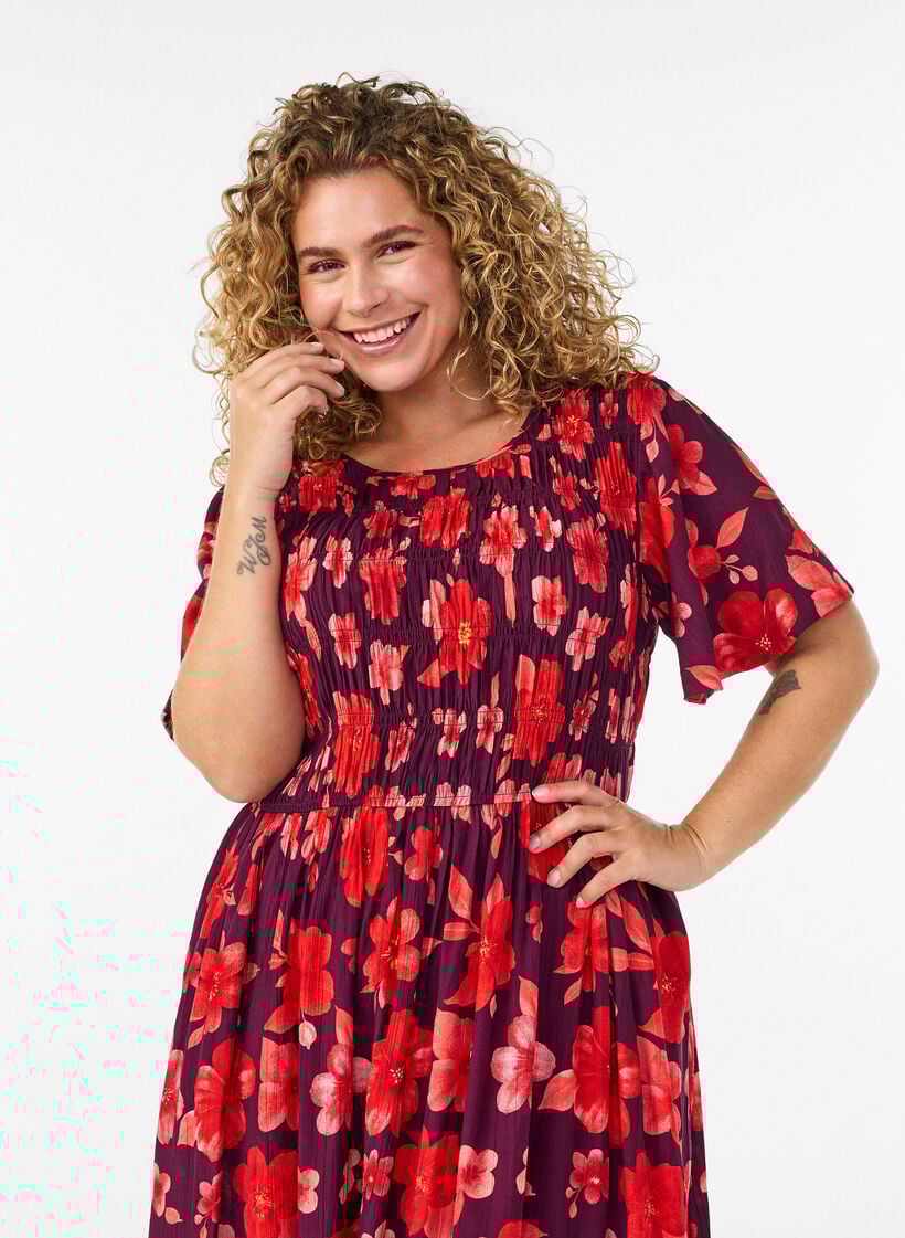 Jurk met smokwerk en bloemenprint, Paars, Model image number 2