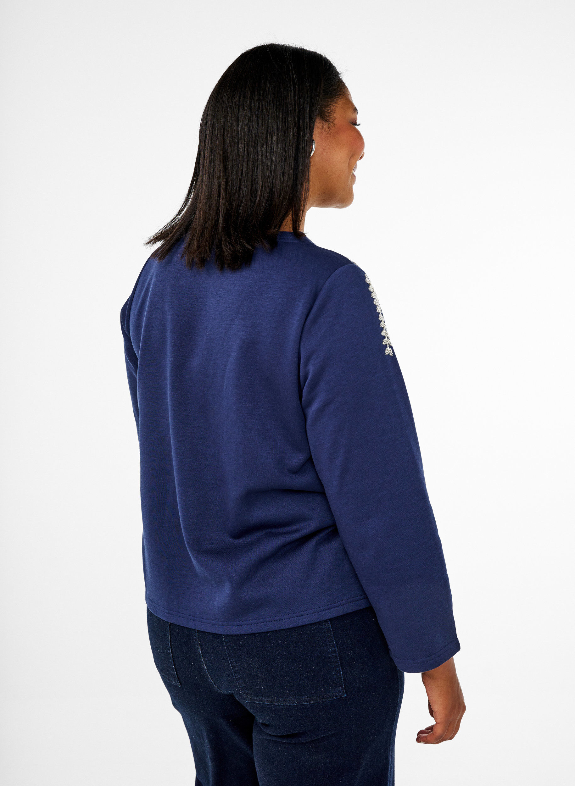 Zizzi Kort sweatshirt met pareldetails, Blauw, Model image number 2