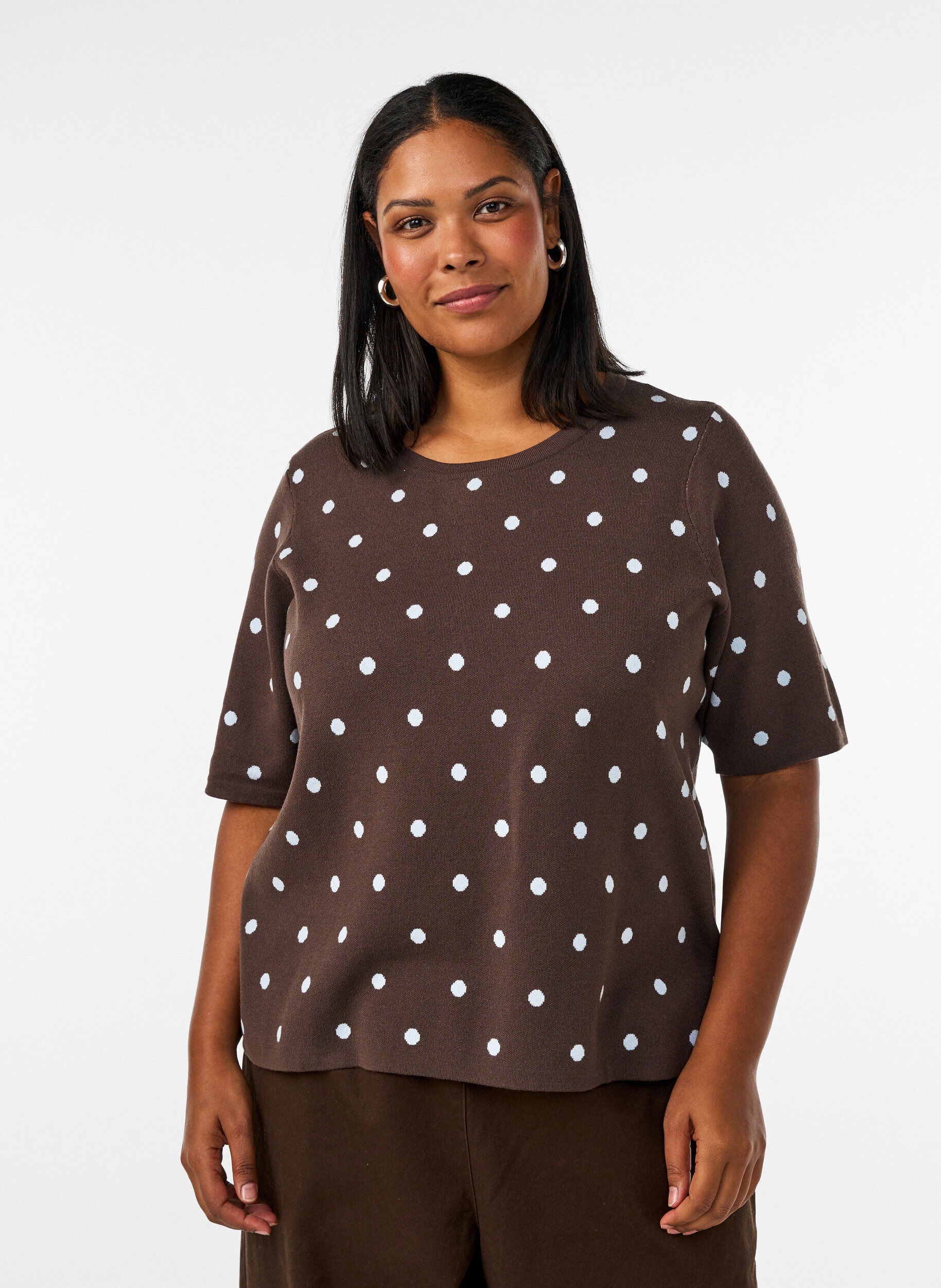ZizziGebreide blouse met korte mouwen en stippen, Bruin, Model image number 0