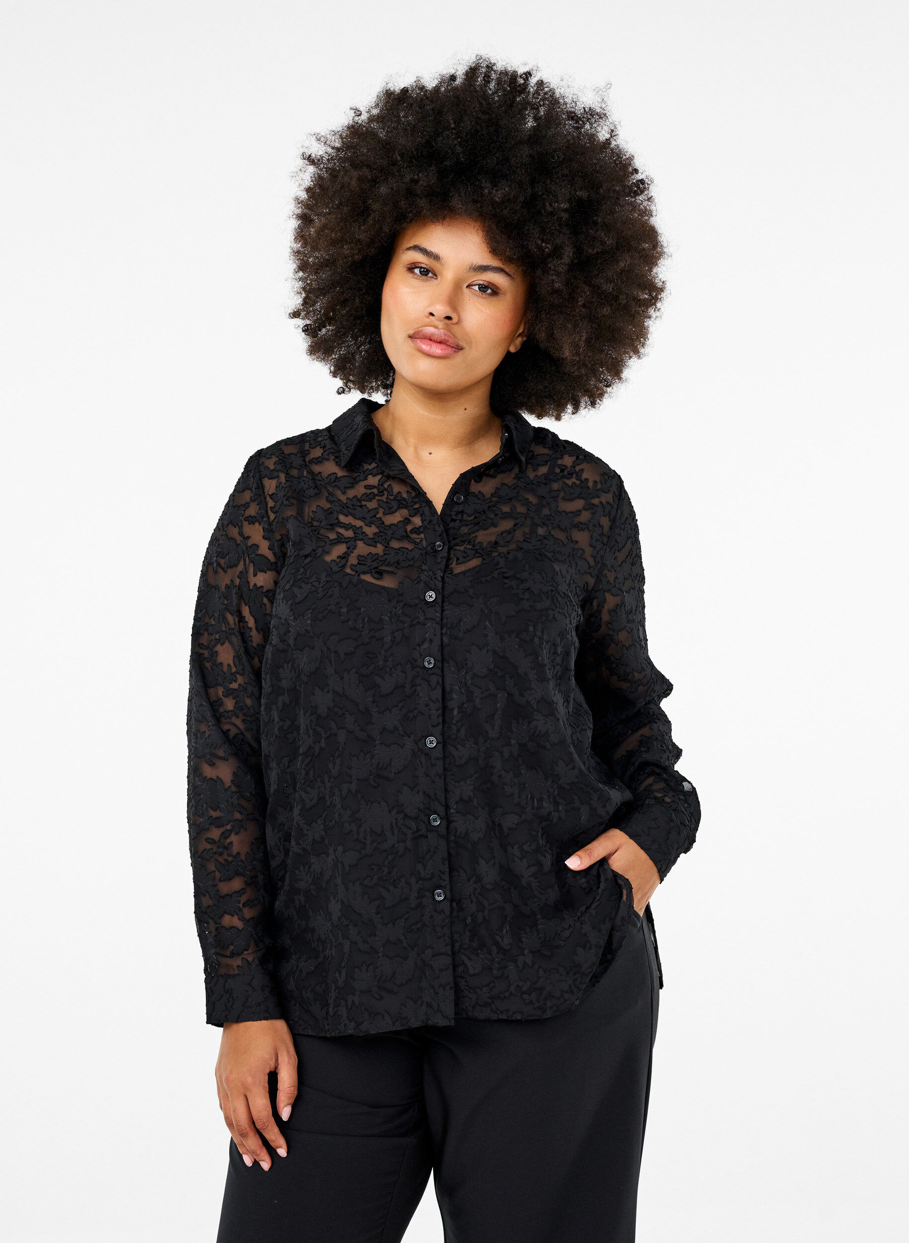 Zizzi Jacquard overhemd met knopen, Black, Model image number 0