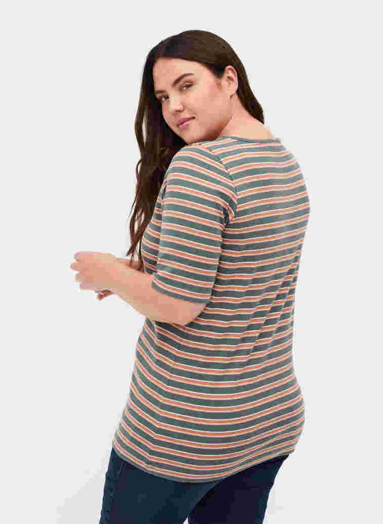 Gestreept geribbeld t-shirt in katoen, Balsam Green Stripe, Model image number 1