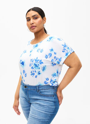 Viscose blouse met korte mouwen en bloemen, White Blue AOP, Model image number 0