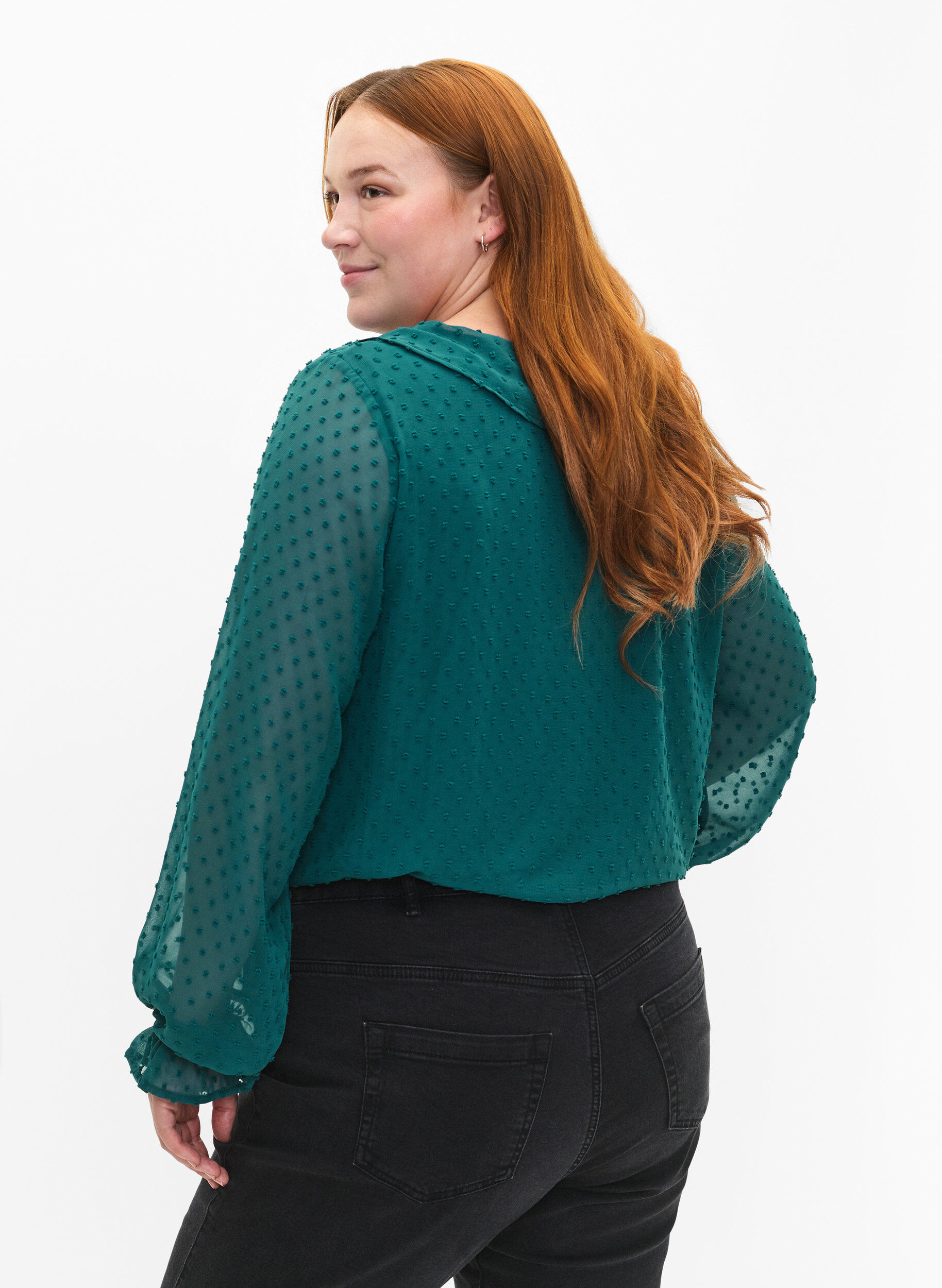 Zizzi Blouse met ruches en gestippelde structuur, Shaded Spruce, Model image number 1